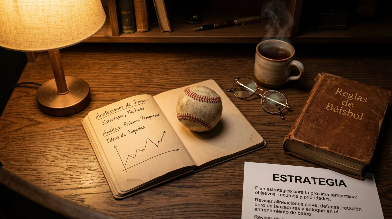 Apostador profesional revisando notas y estadísticas de béisbol sobre una mesa iluminada