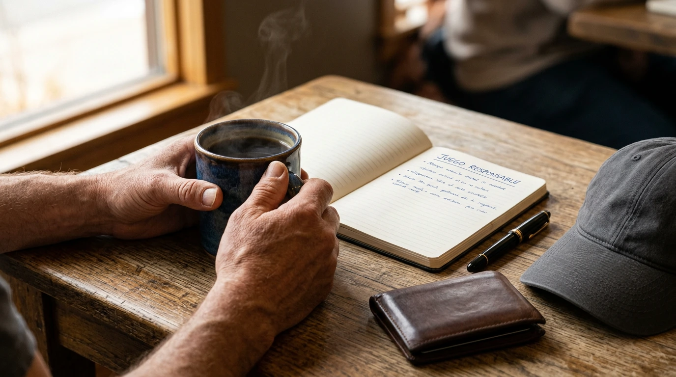 Manos sosteniendo una taza de café junto a un cuaderno con notas de un aficionado al béisbol