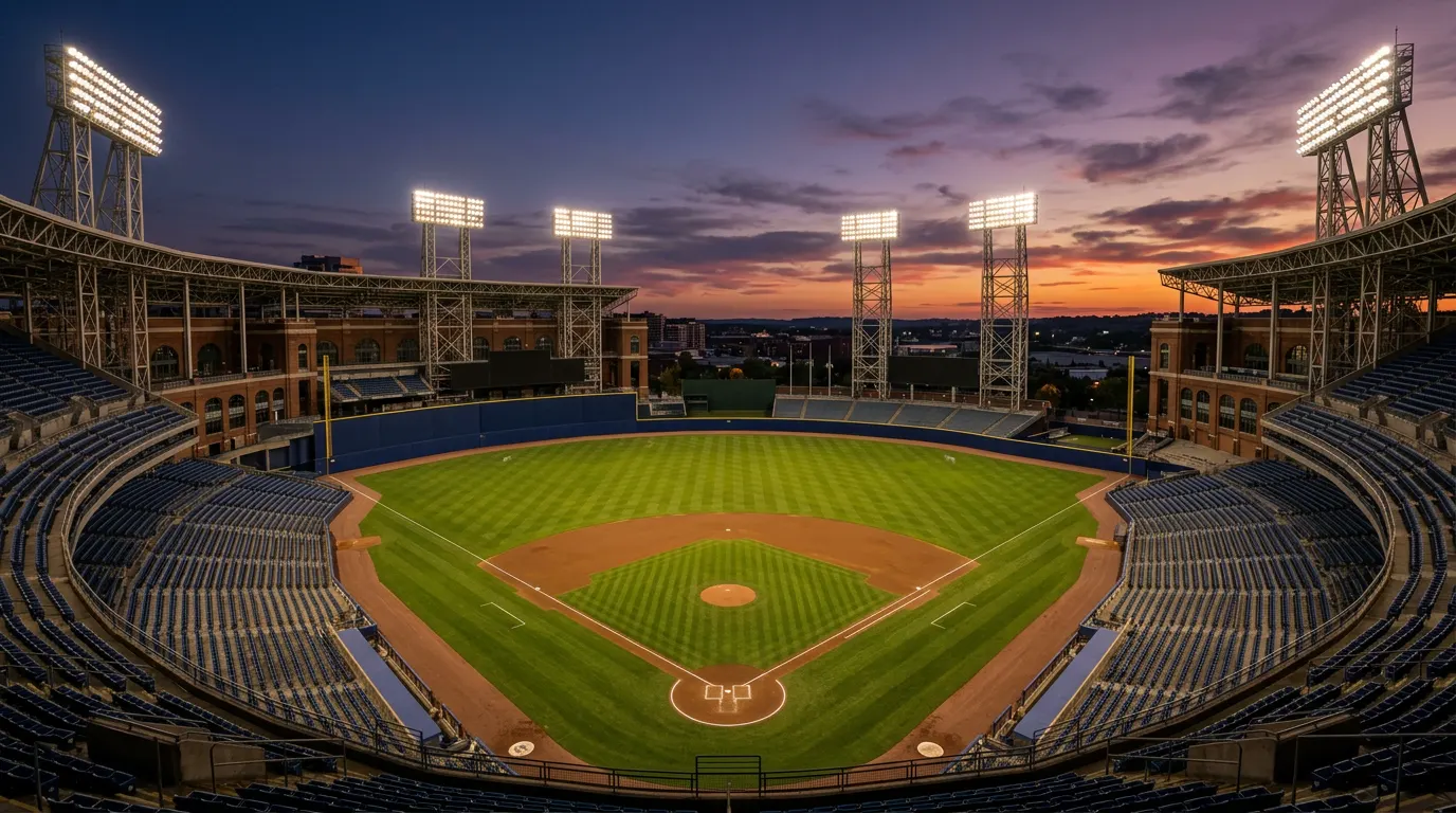 Vista panorámica de un estadio de béisbol de las Grandes Ligas con el campo iluminado al atardecer